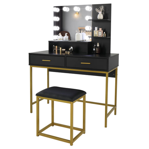 FCH Large Vanity Set with 10 LED Bulbs, Makeup Table with Cushioned Stool, 3 Storage Shelves 2 Drawers, Dressing Table Dresser Desk for Women, Girls, Bedroom, Black