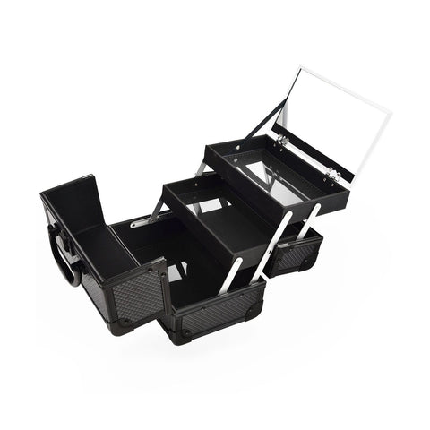Portable Cosmetic Storage Box with Mirror & Trays, Black