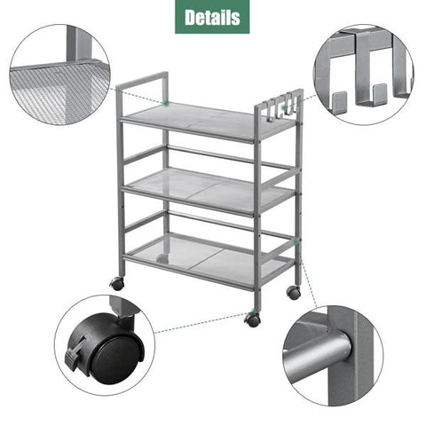 Hodely 3-Shelf Mesh Iron Shelving Unit with Casters for Home Kitchen Office Grey