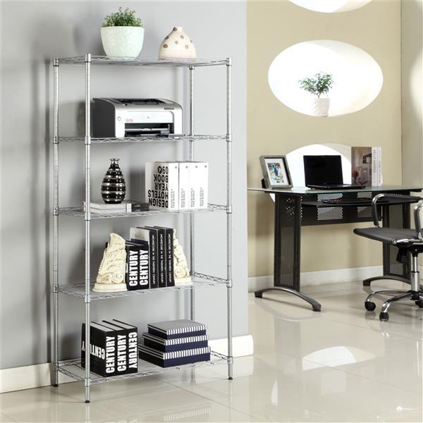 Rectangle Carbon Steel Metal Assembly 5-Shelf Storage Rack Silver Gray