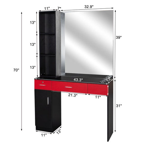 Salon Hairdressing Cabinet with Mirror and Lock, Black and Red
