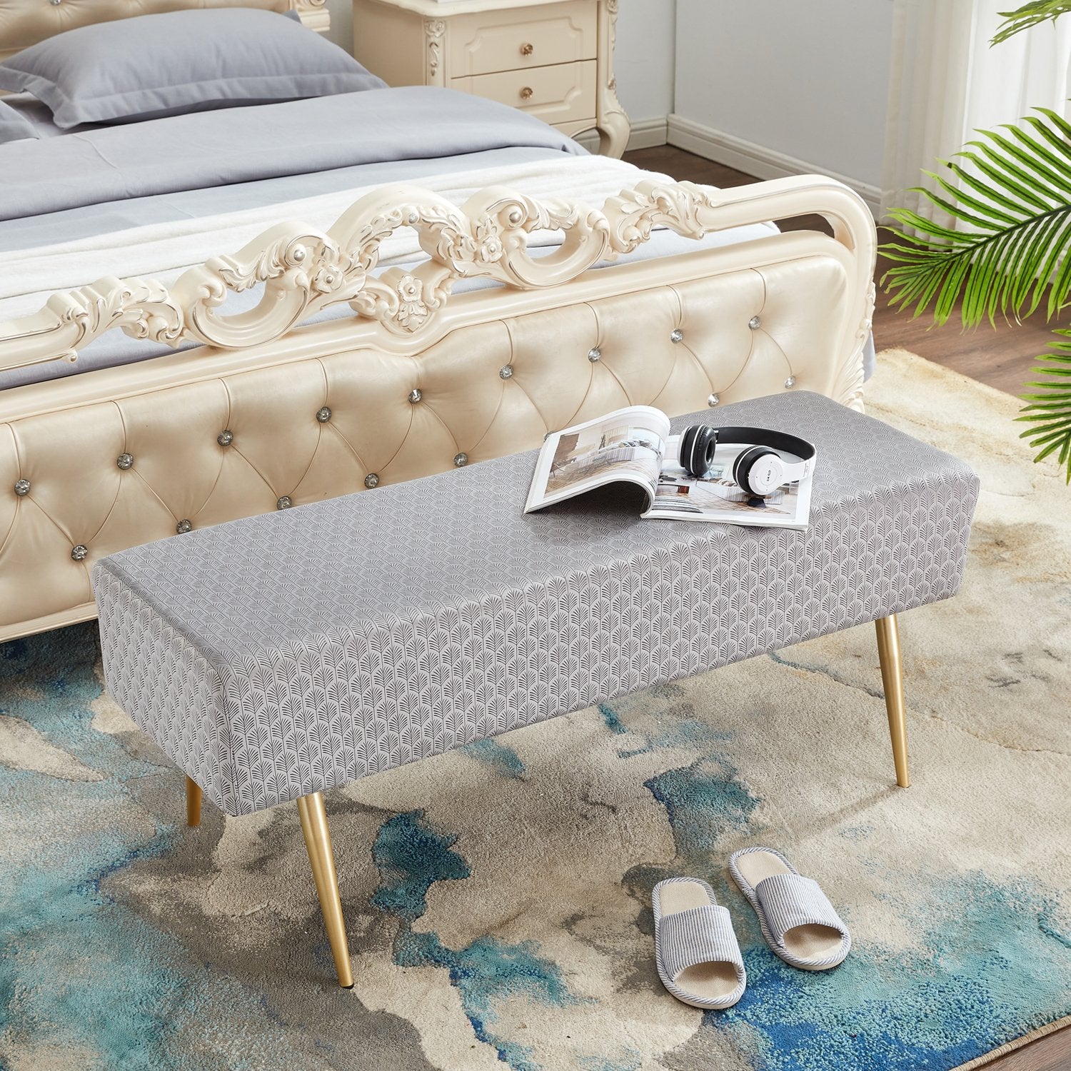 45.7 Inches Velvet Ottoman Rectangular Bench Footstool, Bed End Bench with Golden Metal Legs and Non-Slip Foot Pads for Living Room Bedroom Entryway ?Grey?