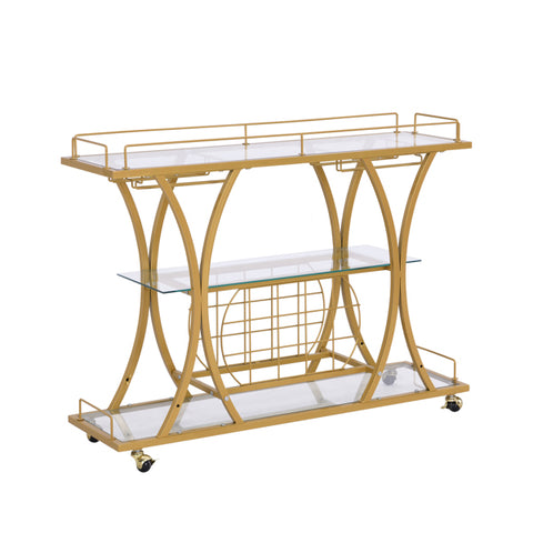 Golden Bar Cart with Wine Rack Silver Modern Glass Metal Frame Wine Storage