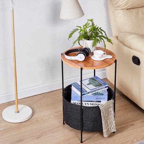 Round Side Table with Storage Basket Small End Table Nightstand with Fabric Storage for Living Room Bedroom Home Office