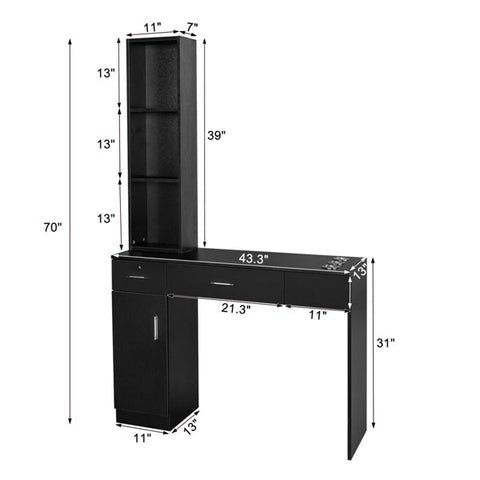 Salon Hairdressing Cabinet with 1 Door, 2 Drawers, 3 Layer Rack and Lock, Black