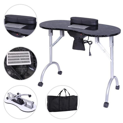 Portable Manicure Table Spa Salon Desk with Dust Collector Cushion Fan, Black