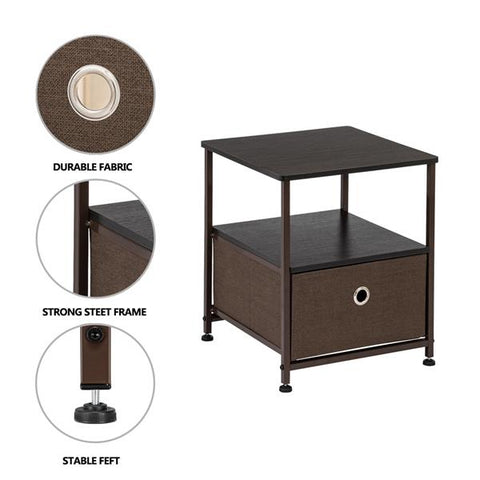 Drawer Shelf Storage Steel Frame, Wood Top, Easy Pull Fabric Bins Nightstand Brown