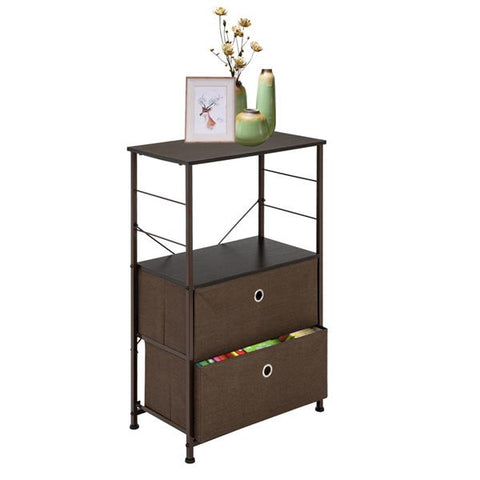 Drawer Dresser Storage, Bedside Furniture & Accent End Table Chest For Bedroom, Easy Pull Fabric Bins,  Brown