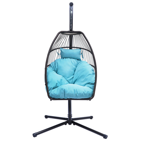 Outdoor Patio Wicker folding Hanging Chair,Rattan Swing Hammock Egg Chair with X type Base and C Type bracket , with cushion and pillow,for Patio,Bedroom Balcony,Indoor,Outdoor，Blue
