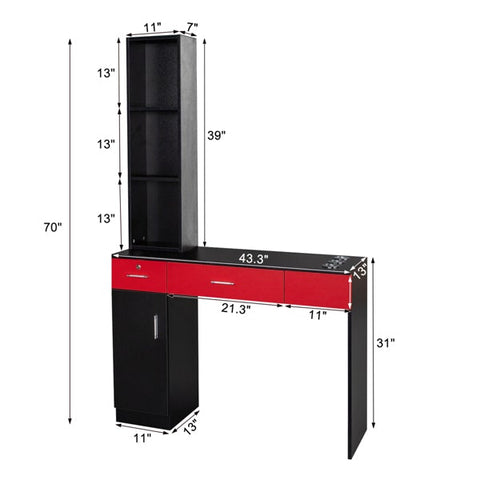 Salon Hairdressing Cabinet With 1 Door, 2 Drawers, 3-Layer Rack and Lock, Black And Red