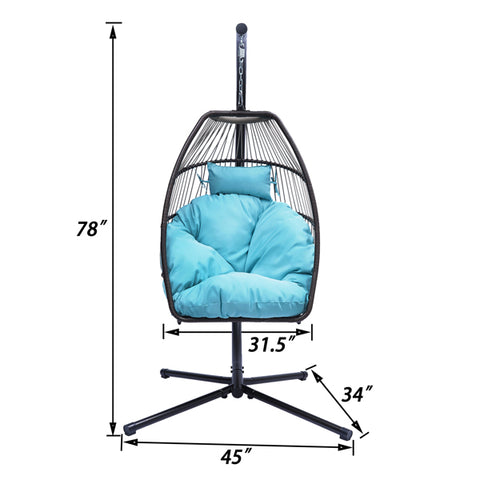 Outdoor Patio Wicker folding Hanging Chair,Rattan Swing Hammock Egg Chair with X type Base and C Type bracket , with cushion and pillow,for Patio,Bedroom Balcony,Indoor,Outdoor，Blue