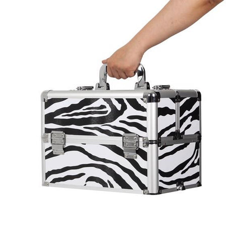 3 in 1 Aluminum Cosmetic Makeup Case on Wheels Diamond Surface Zebra Print