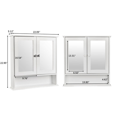 Double Door Mirror Indoor Bathroom Wall Mounted Cabinet Shelf White