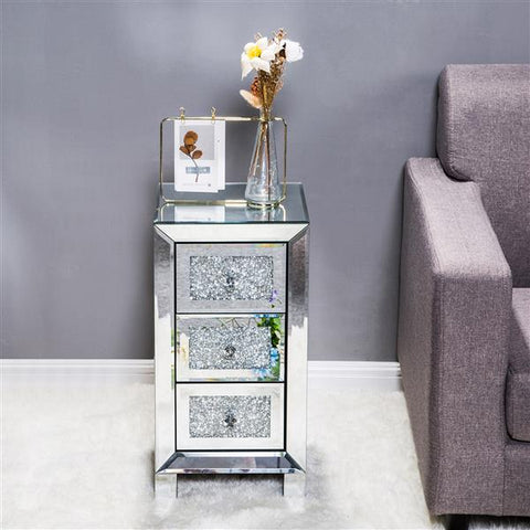 3-Drawers Nightstand, Modern and Contemporary Mirror Surface With Diamond