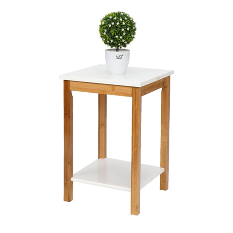 FCH 34*34*50cm Double Layer Bamboo Side Table Rectangular White Table Top Natural Wood Table Leg