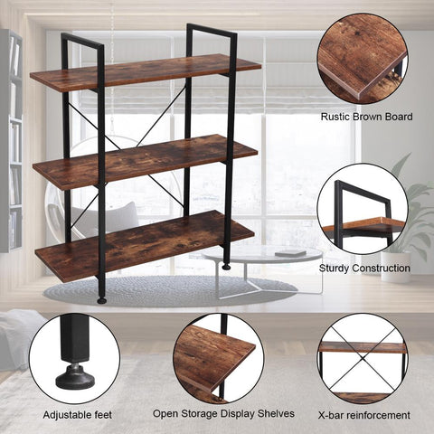 3-Tier Industrial Bookcase and Book Shelves, Vintage Wood and Metal Bookshelves, Retro Brown
