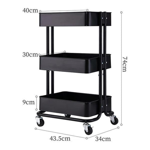 3-Tier Utility Cart Black for Home Kitchen Storage