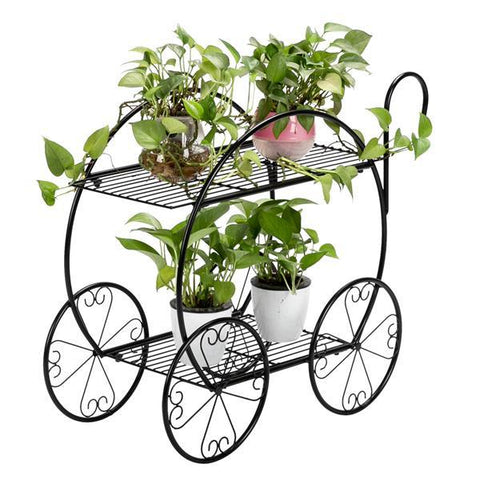 2 Layer Cart Shape Plant Stand With Handle, Black