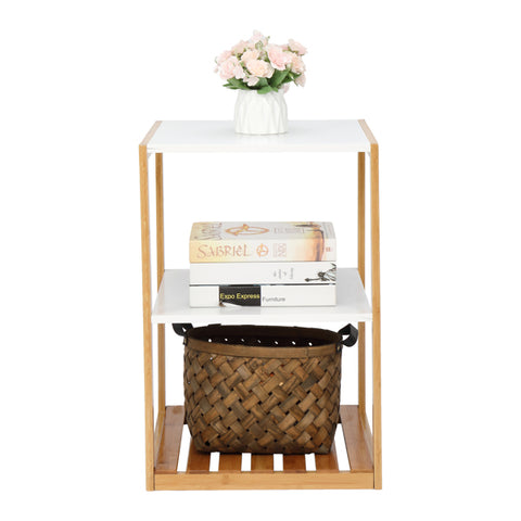 Three-Layer Bamboo Side Table Rectangular White Tabletop Natural Wood Table Legs