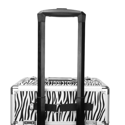 3 in 1 Aluminum Cosmetic Makeup Case Tattoo Box White Zebra Print, Shoulder Strap, Detachable Wheels