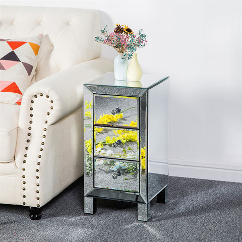 Nightstand Bedside Table with FCH  Modern and Contemporary Mirrored 3-Drawers