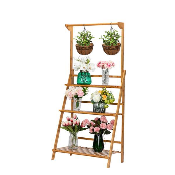 3 Layers Bamboo Plant Frame Folding w/ Hanging Rod Flower Frame, Indoor Outdoor, Natural
