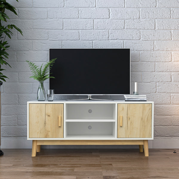 TV Stand Mid-Century Wood Modern - Adjustable Storage Cabinet, White & Oak