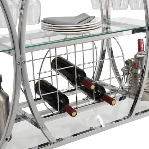 Bar Cart with Wine Rack Silver Modern Glass Metal Frame, Contemporary Chrome Storage