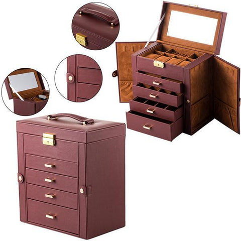 🔥 Jewelry Box, Mirrored, Faux Leather, Watch Organizer Storage Lockable, Brown 🔥