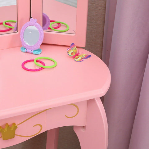 FCH Children's Dressing Vanity Table 3-Foldable Mirror&Chair&Single Drawer Pink